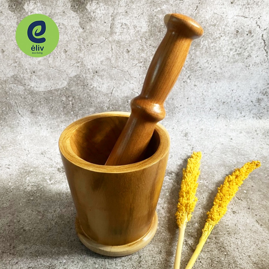 Jual ELiv Alu Lumpang Kayu Jati Set Besar Lesung Ulekan Kayu Teakwood Mortar Pestle