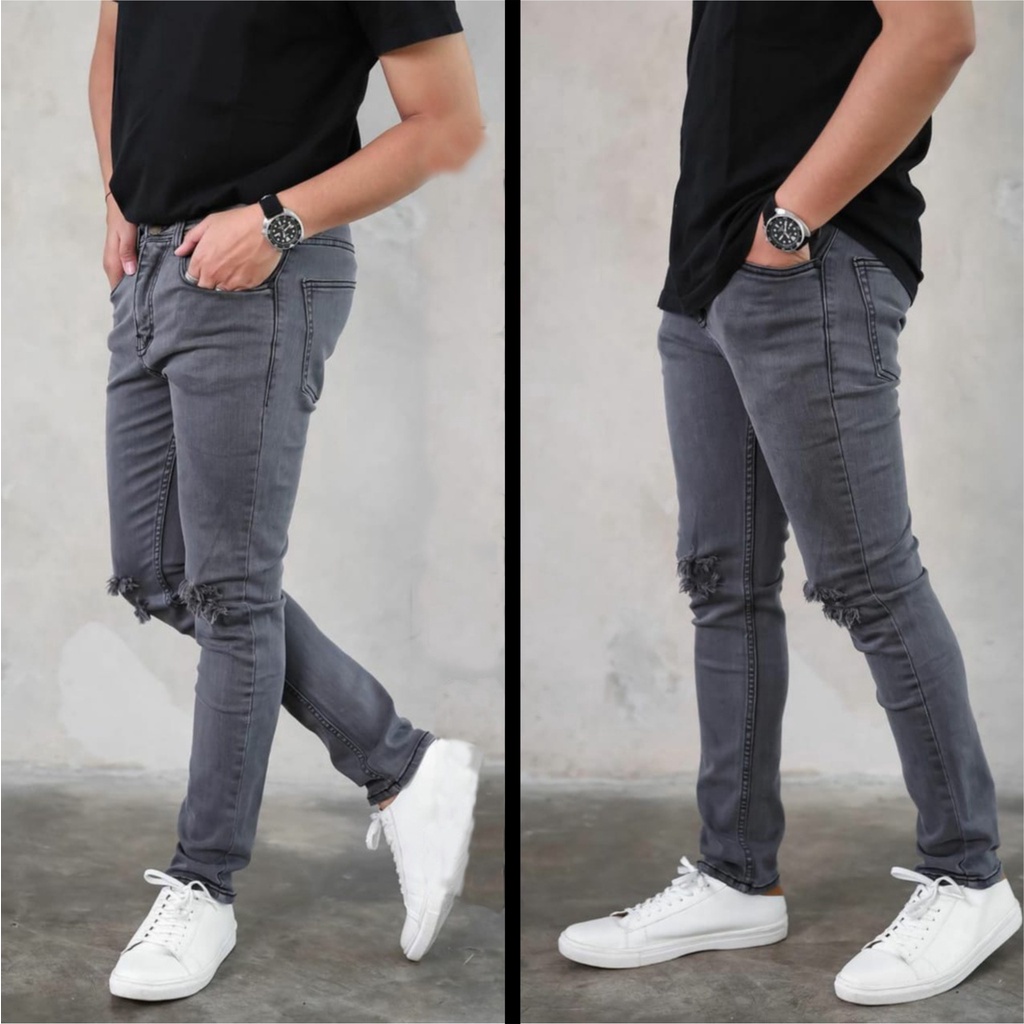 celana jeans pria sobek lutut ripped, streech softjeans skinny