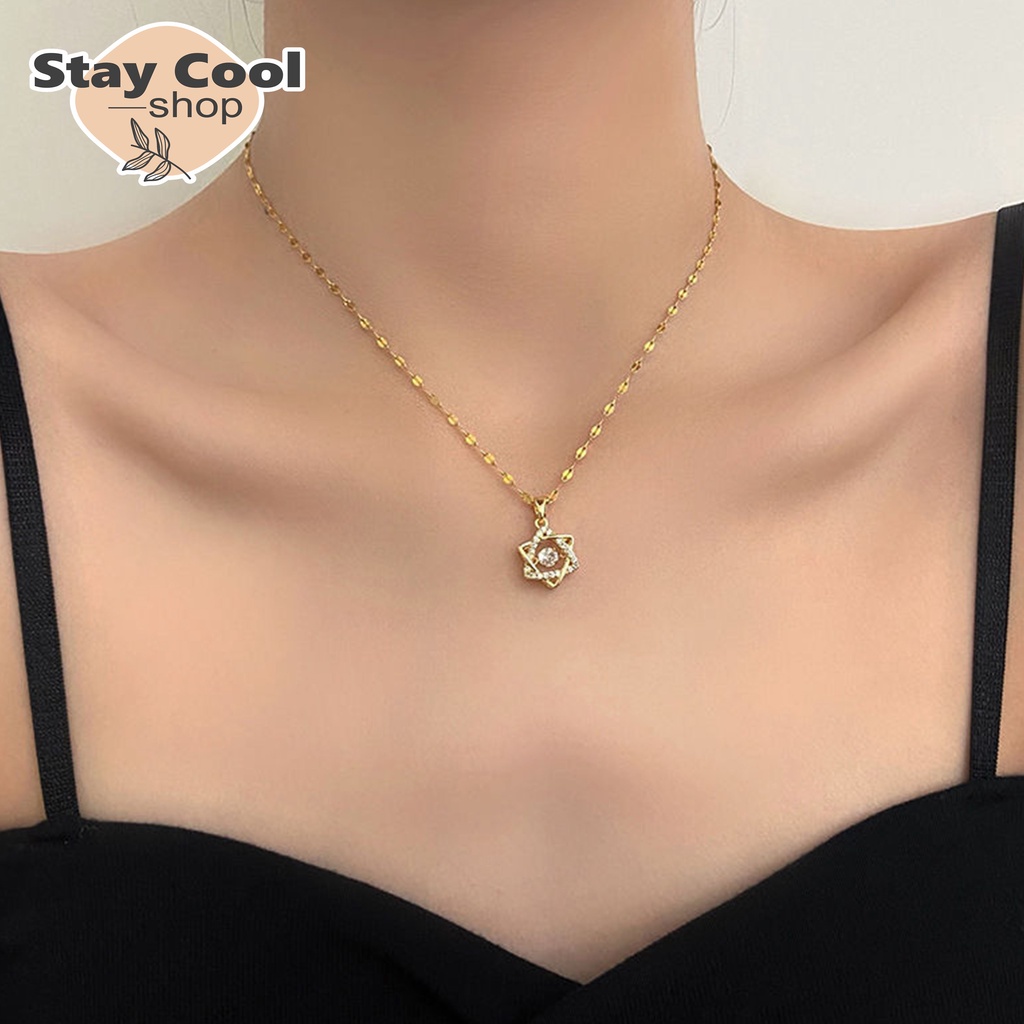 Kalung Titanium Rantai Liontin Permata Zirkon Wanita Anti Karat Selamanya