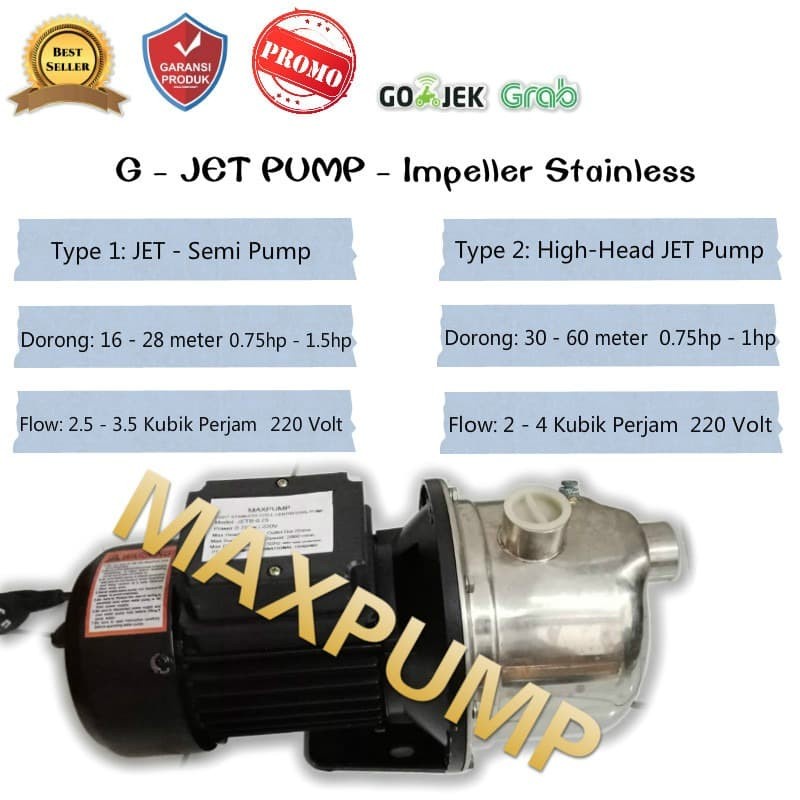 MAXPUMP HLB2/4-40-0.75 Pompa air 1Inch semi jet pump 40 Meter 2 Impeller Stainless Dorong Tinggi 1Hp 220Volt 750Watt