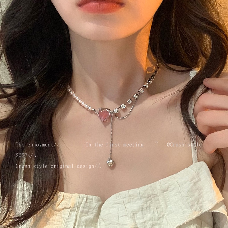 AY(CN) Kalung Rantai Choker Liontin Hati Aksen Mutiara Warna Pink Untuk Wanita