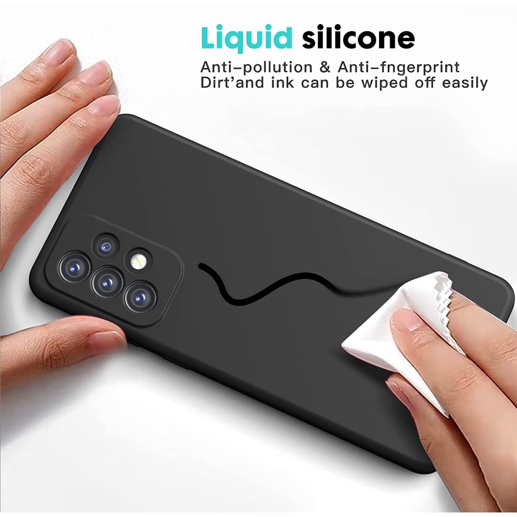 Liquid Silicone Case SAMSUNG A24 A54 A53 A73 A34 A33 A23 A14 A13 A52 A52s A72 A32 A22 A21s A12 A10s M12 Silikon Casing Full Cover Body Screen Camera Protective, Shockproof Slim Phone TPU Anti Scratch Soft Microfiber Lining Black Hitam Tipis Galaxy 4g 5G s