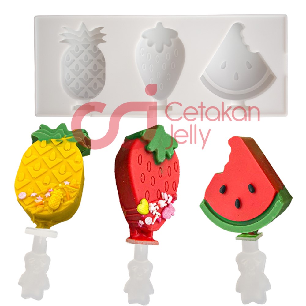 CJ Cetakan Silikon Popsicle Pop Cake Ice Pop Lolipop Semangka 3 Cavity