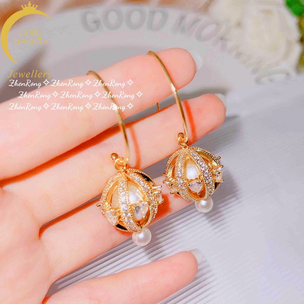 Goldkingdom Perhiasan Fashion Emas Asli Kadar 375 Bangkok Aksesoris Ready Stock French Fleksibel Rotary Full Diamond Kuping Cahaya Mewah Lentera Zirkon Anting Mutiara