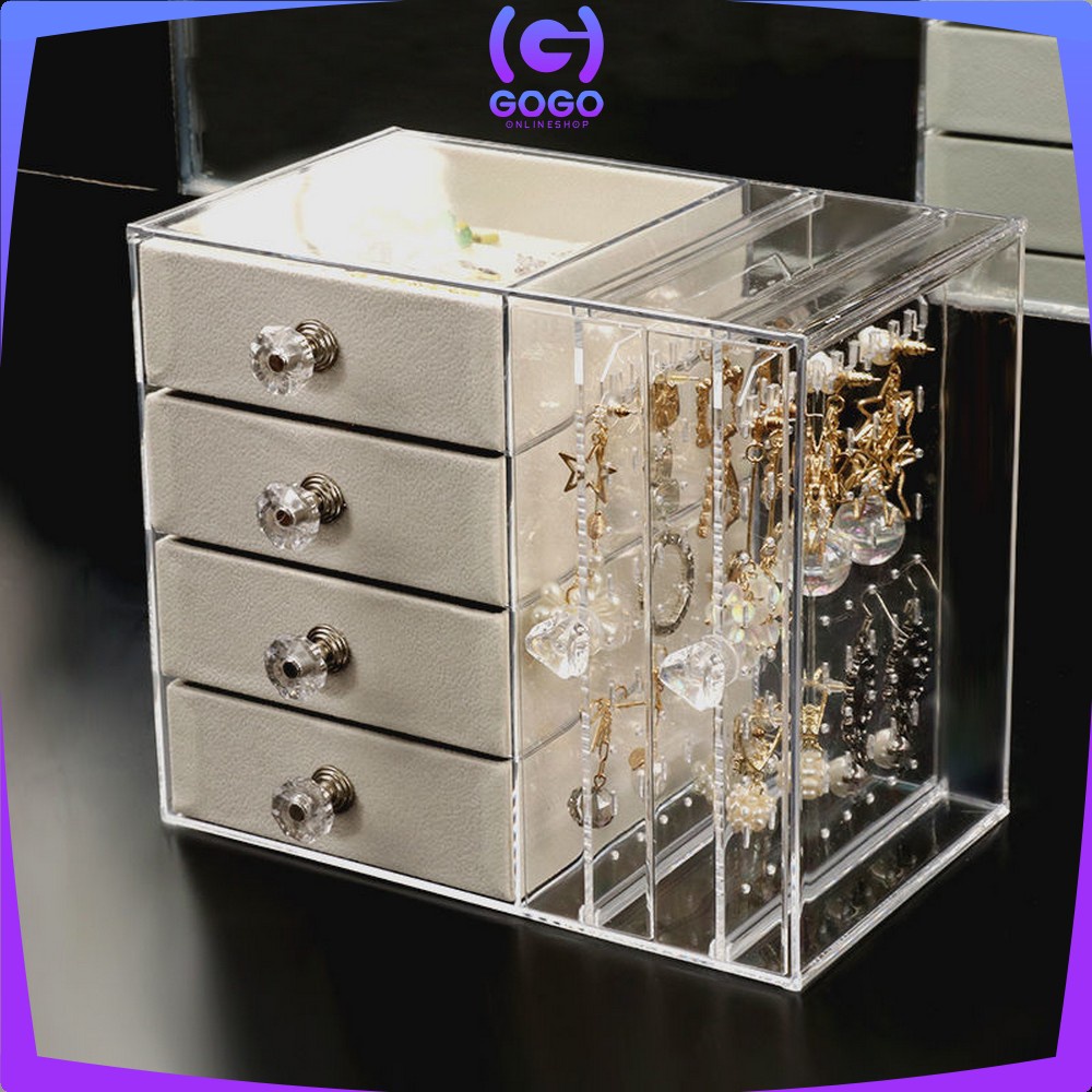 GOGO-K136 Kotak Perhiasan Tingkat 4 Laci Rak Acrylic Organizer Anting Cincin Anti Debu / Tempat Penyimpanan Aksesoris Kalung Wanita Rak Kosmetik Multifungsi