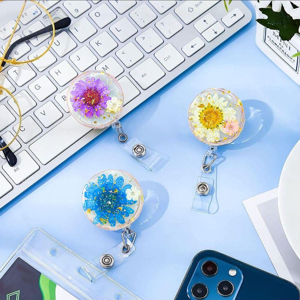 LANFY Badge Reel 1 Pc Guru Kualitas Tinggi Transparan ID Badge Klip Kunci Pemegang Foil Emas Daun Kering Bunga Ditekan Floral Charms Jewelry Card Badge Holder