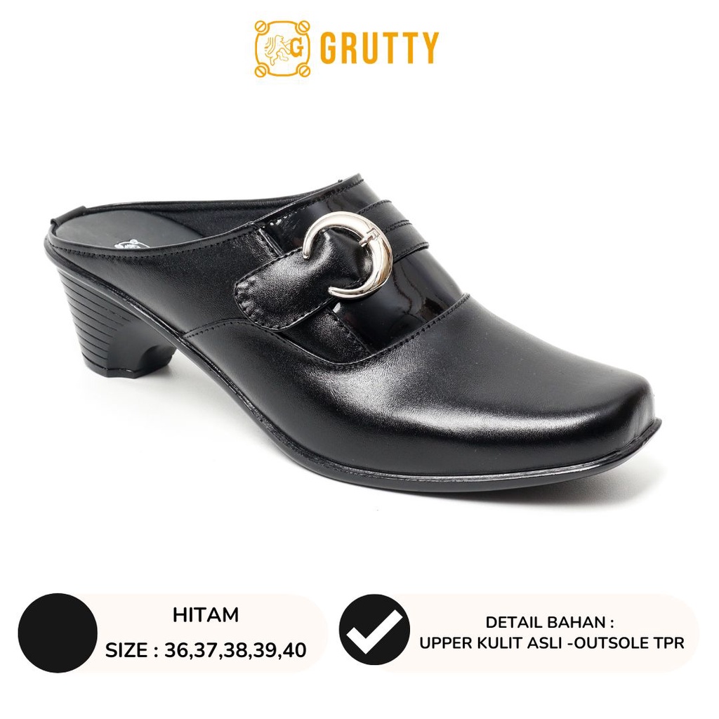 Sepatu Sandal Wanita Mules Bustong Heels Grutty Samantha Hitam Kulit Asli