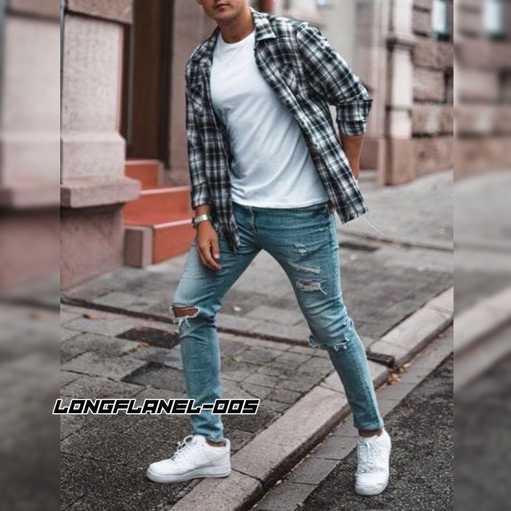 KEMAJA FLANEL PUTIH ABU ORIGINAL KEMEJA CASUAL KEMEJA FLANEL PANJANG BECCO.ID