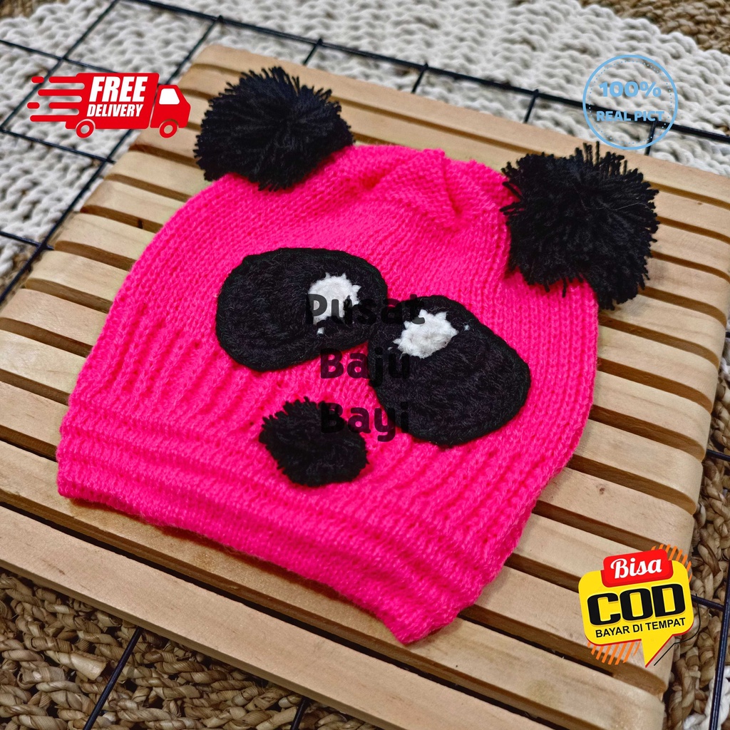 Topi Bayi Kupluk Rajut Premium Panda / Topi Rajut Pompom Panda / Topi Pompom Baby Boy Baby Girl Motif Panda