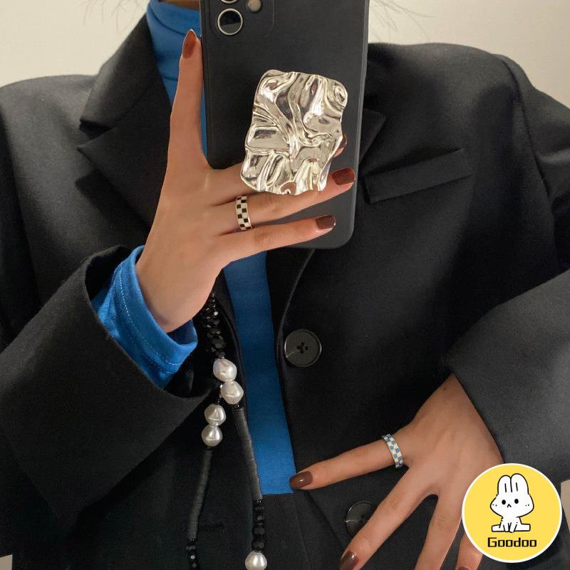Cincin Korea Adjustable Motif Papan Catur Persegi Untuk Wanita -Doo