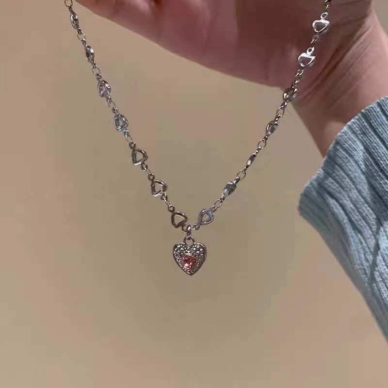 Y2k Kalung Rantai Silver Liontin Hati Hollow Hias Kristal Pink Untuk Wanita