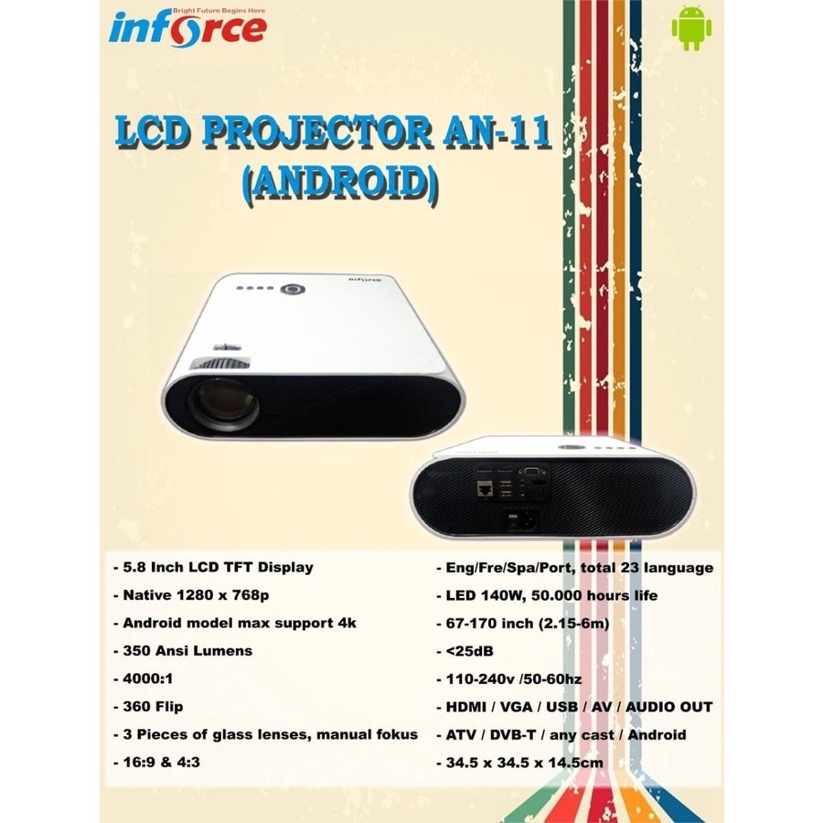 LCD PROJECTOR INFORCE AN 11 SUPORT ANDROID WHITE 3000 LUMEN ATV - PROYECTOR INFORCE AN-11 ANDROID