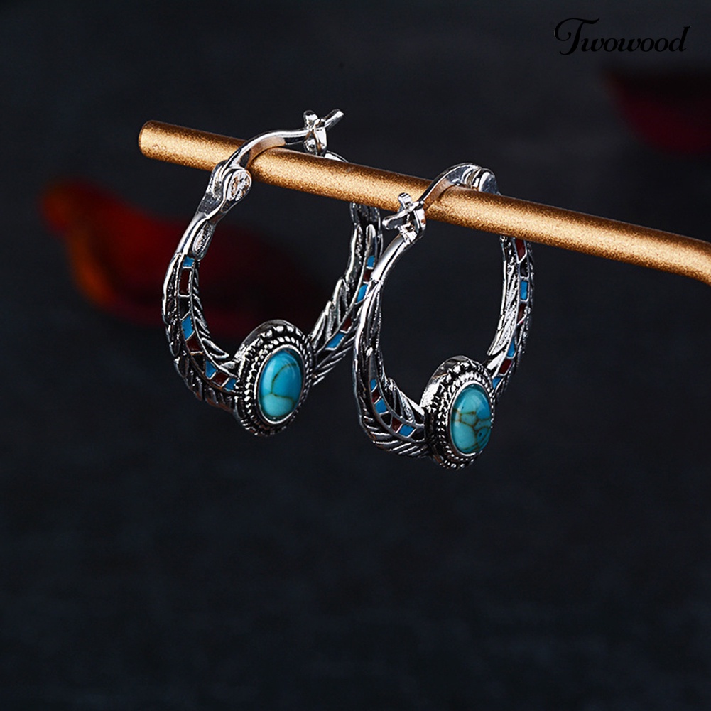 Anting Juntai Bentuk Bulu Aksen Turquoise Imitasi Gaya Vintage Untuk Wanita