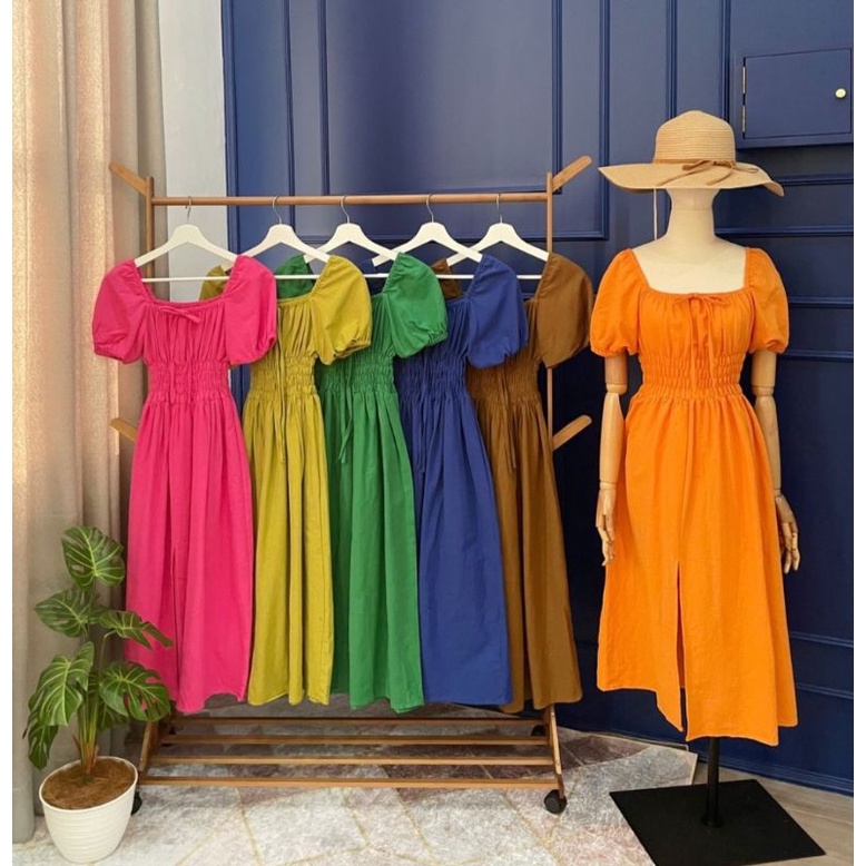 ♡ PREMIUM ♡ REAL PIC ! MEIRYN VINTAGE SMOCKED SLIT MIDI DRESS