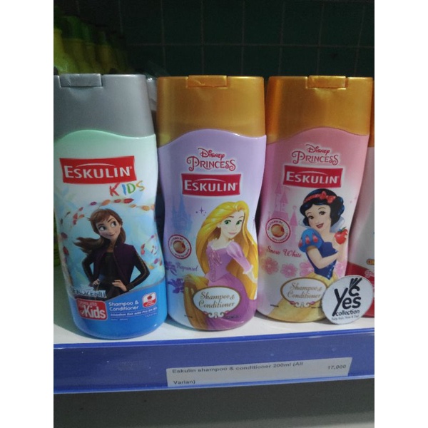 Eskulin Kids Shampoo &amp; Conditioner 200ml Sampo Kondisioner Anak Frozen II Anna Rapunzel Snow White Cinderella Putri Duyung Donald Duck Bebek Mickey Mouse Minie Aroma Fruity