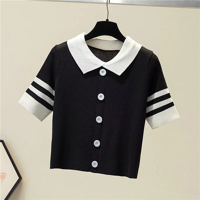 2022 Baru Fragrant Kecil Baru Kolar POLO Perancis Retro Stripe Ice Silk Pullover T-Shirt Tidur pendek