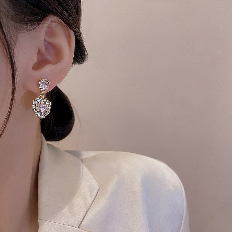 Anting Tusuk Berlian Imitasi Bentuk Hati Bahan silver 925 Untuk Wanita