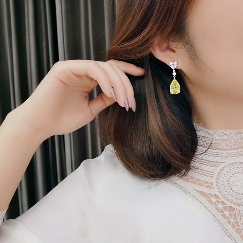 Anting Drop Cubic Zirconia Bentuk Pir Warna Kuning Untuk Wanita