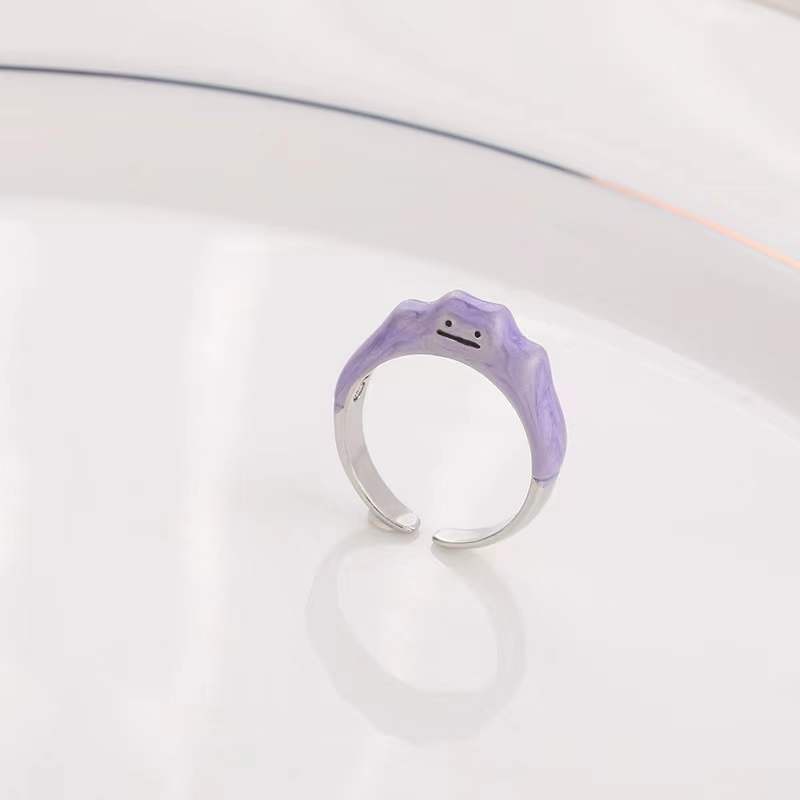 Cincin Desain Wajah monster Tersenyum Warna Ungu Gaya Korea