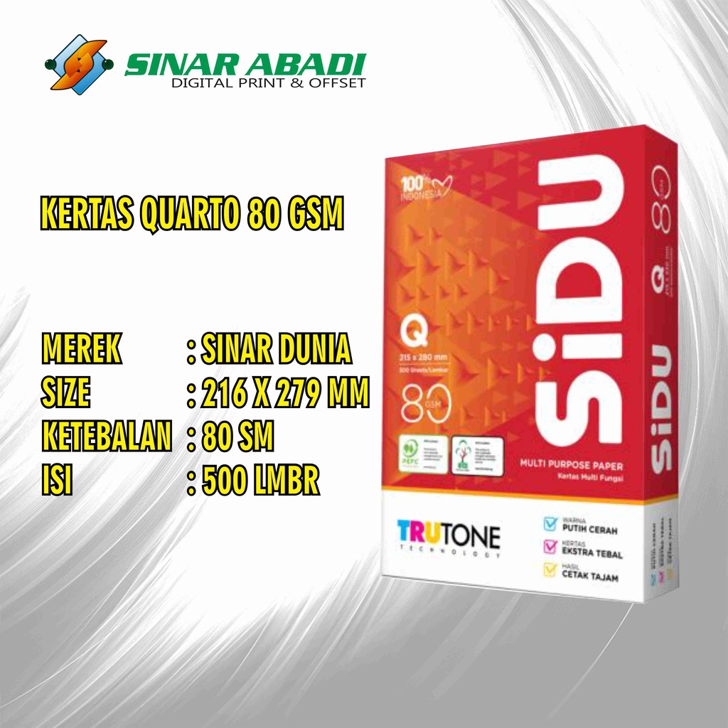 

KERTAS HVS SINAR DUNIA QUARTO 80 GSM