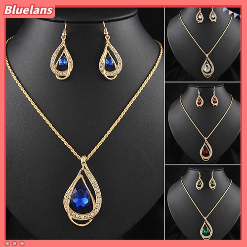 Set Perhiasan Kalung Rantai Emas Dengan Liontin Batu Kristal Bentuk Tetesan Air Untuk Pesta