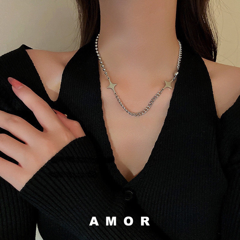 Kalung Rantai Bahan Stainless steel Desain Bintang Mosaic Ukuran Kecil Gaya Hip Hop Untuk Wanita 2022