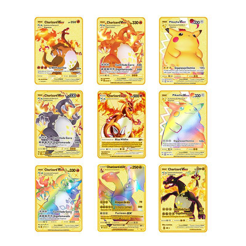 10pcs / Kotak Kartu Permainan Pokemon Vmax TAG Charizard Pikachu Battle Trainer Energy Bahan Metal Untuk Anak