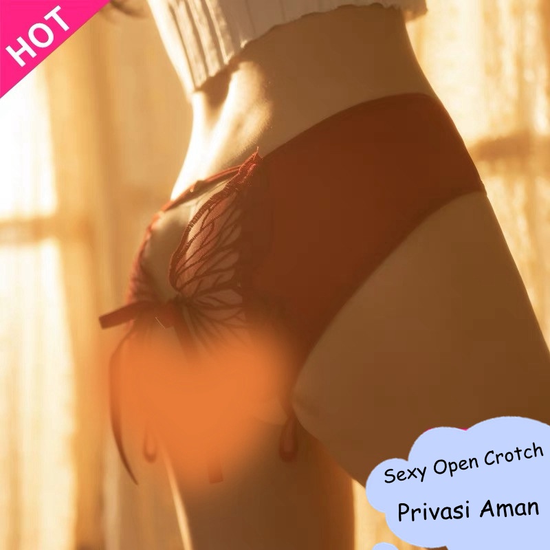 Celana Dalam Wanita Open Crotch jumbo Bordir Kupu-kupu Mesh G String Transparan Sexy Lingerie C021