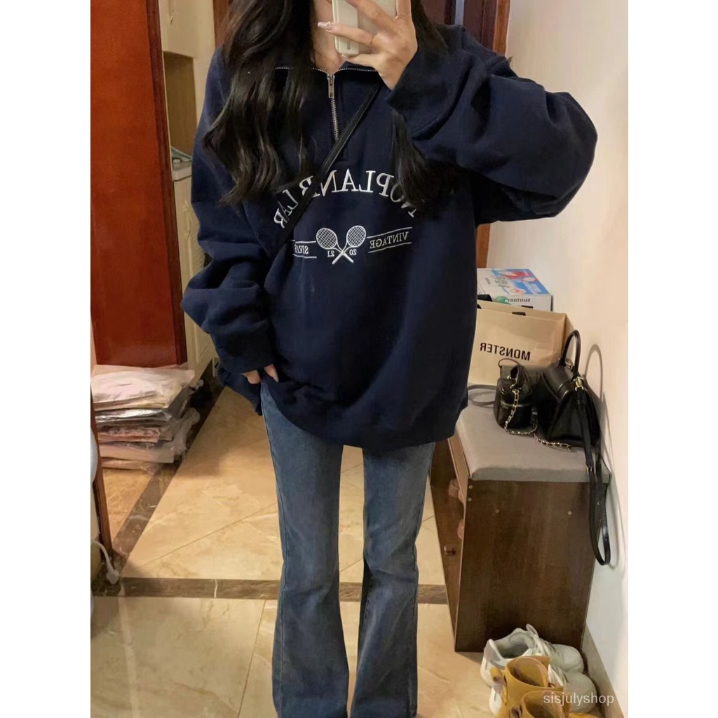 Sweater retro Amerika wanita desain rasa ceruk musim gugur baru setengah ritsleting atas kerah lenga