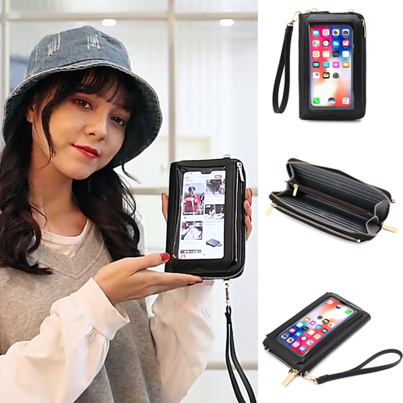 Dompet Hp Selempang  Gratis Tali Selempang Bisa Di Atur Transparan Kulit Sintetis Bisa Charging dan Headshet Multifungsi Kekinian Model Import Korea