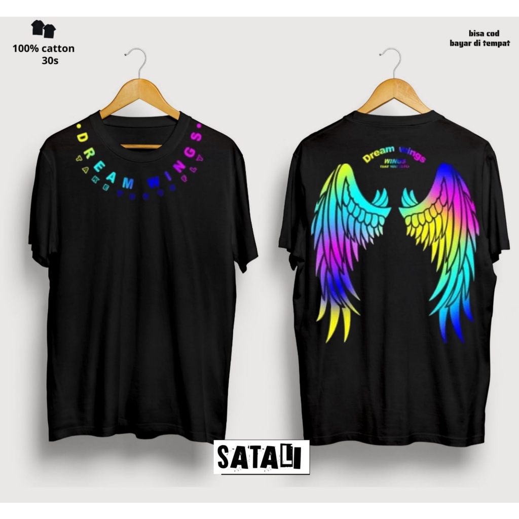 KAOS DISTRO SAYAP DREAM WINGS PELANGI / T-SHIRT SABLON TULISAN DI LEHER / KAOS SAYAP TERBARU DAN KEK