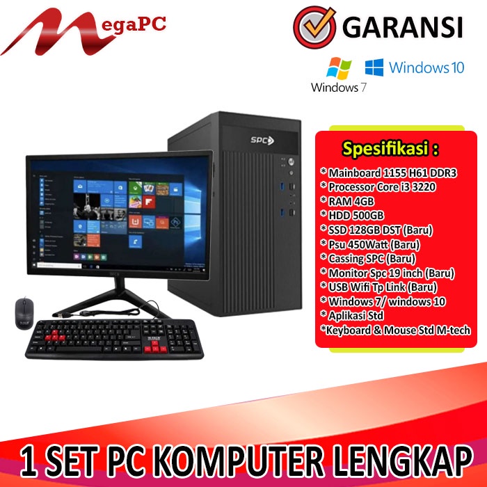 1 Set Komputer + Core i3 + RAM 4GB + SSD 128GB + Monitor LED 19 inch