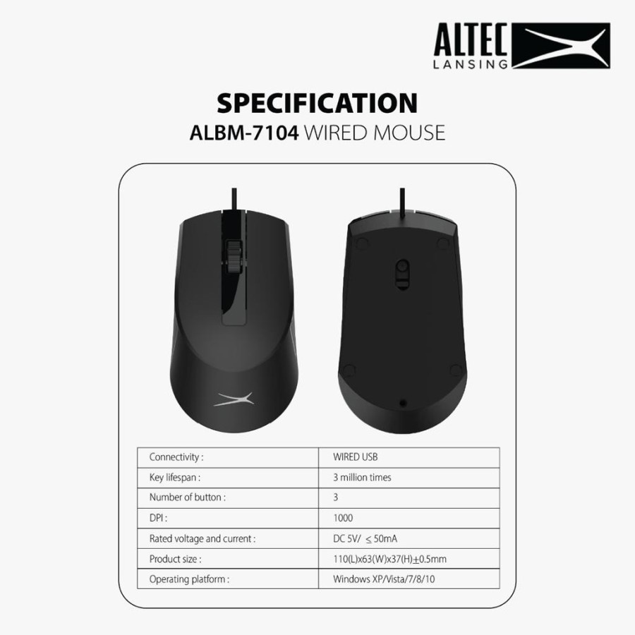 Mouse altec lansing wired usb optical 1000dpi 3d for office gaming laptop pc cpu albm-7104 albm7104