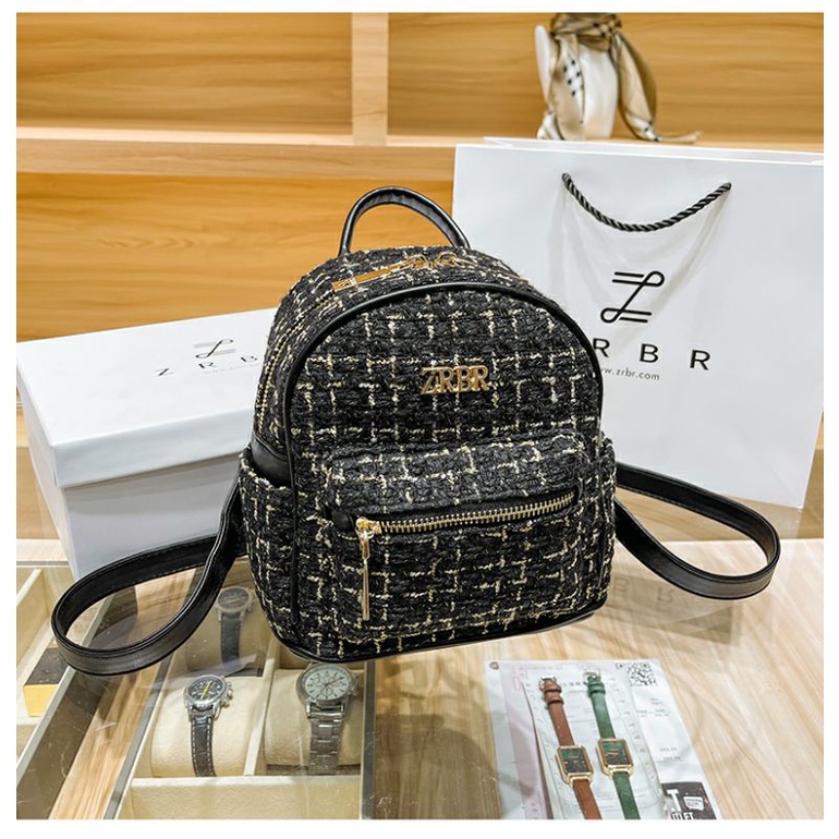 ZRBR - Tas Ransel Wanita Import Backpack Mini Cewek Stylish Korea - Tweed Trapez Backpack #9037-1