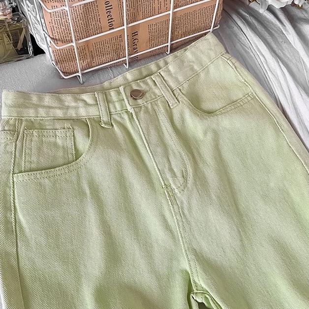 Viral Jeans Highwaits Import  Celana Wanita /Straight Loose Kasual Jeans Wanita /Warna Kuning Hijau（