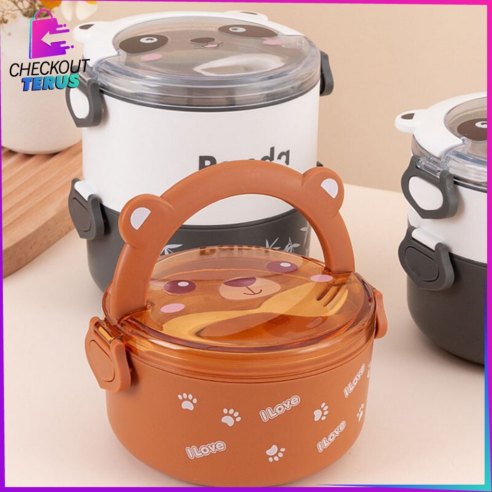 CT C690 Kotak Bekal Anti Tumpah Portable Set BPA FREE Lunch Box Set Bulat 2 Tingkat Motif Panda Beruang Lucu Dengan Sendok