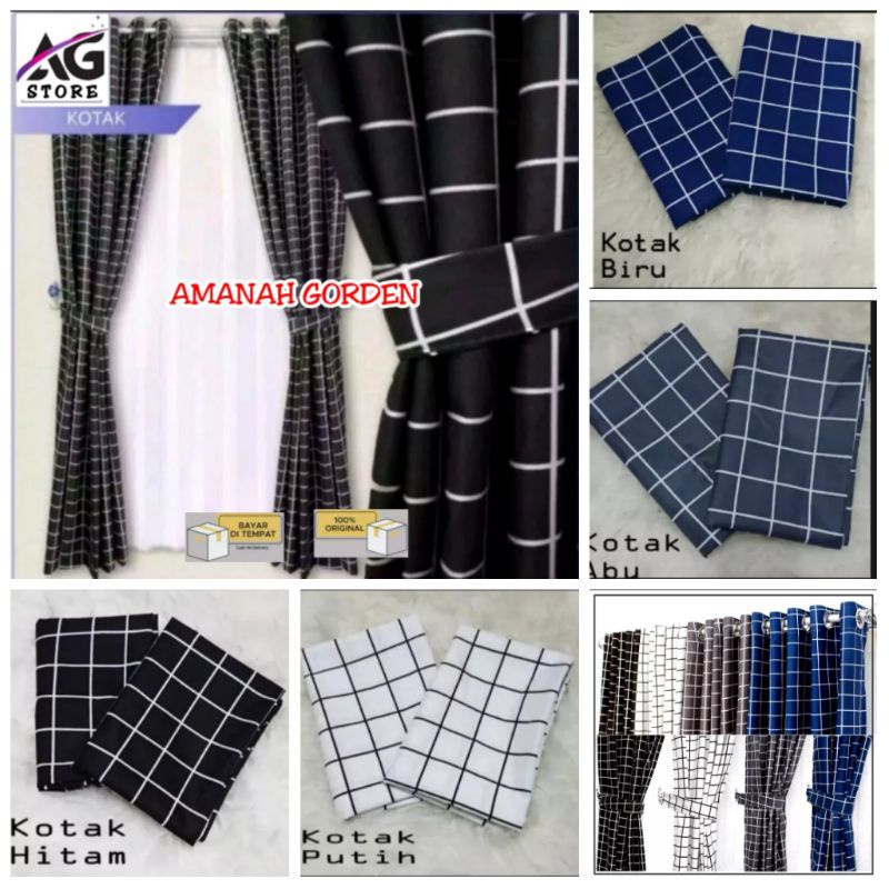 Gorden kotak hitam,abu abu,biru navy,putih/hordeng tirai pintu kamar  model semokring 10lobang 5gelo