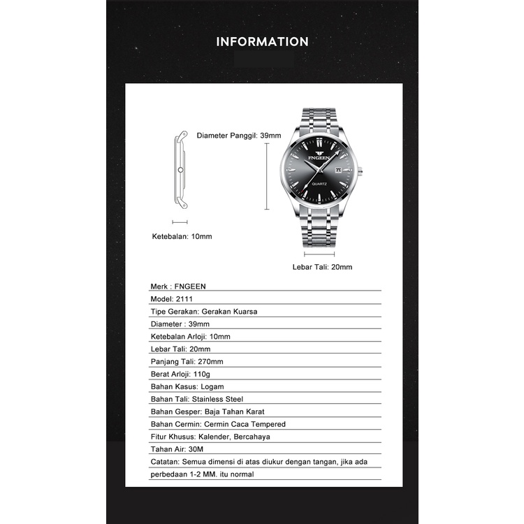wajib punya fngeen 2111 jam tangan pria fashion kasual bisnis stainless steel quartz original anti