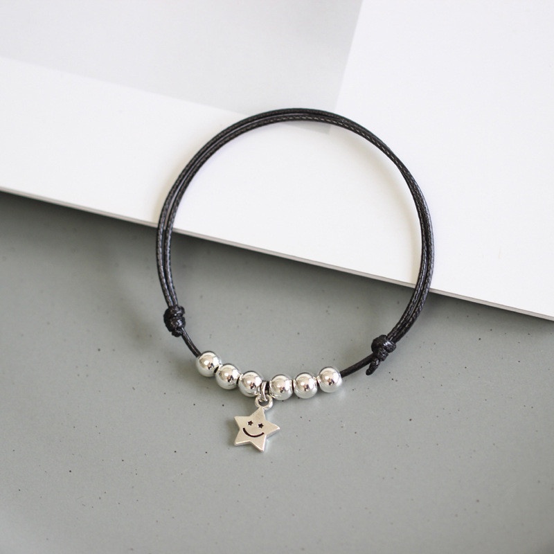 Magic789 2PCs / Set Gelang Tangan Tali Hitam Aksen Manik-Manik + Bintang + Smile Untuk Pasangan / Pria / Wanita
