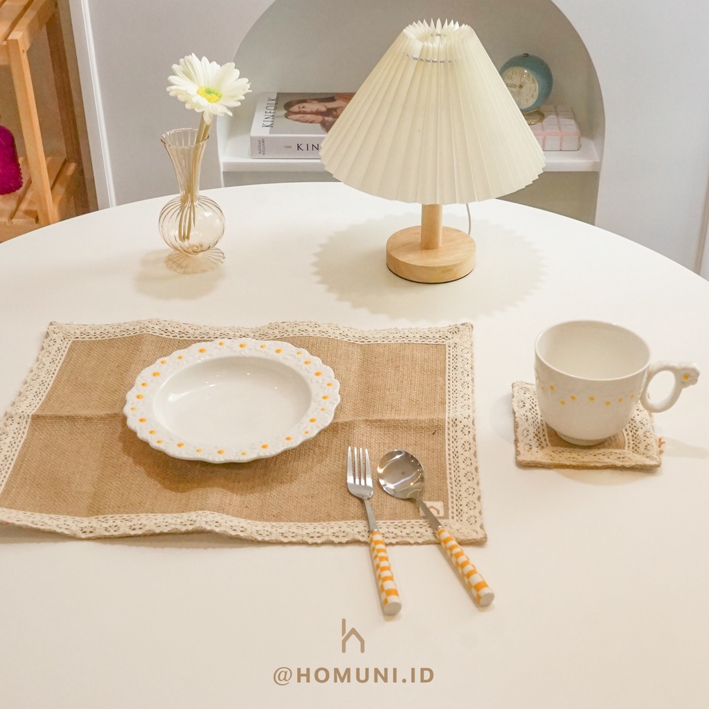 Napkin Kain Burlap Placemat Renda/Tatakan Piring Kain Goni Aesthetic ala Korea/Alas Piring Kain/Prop