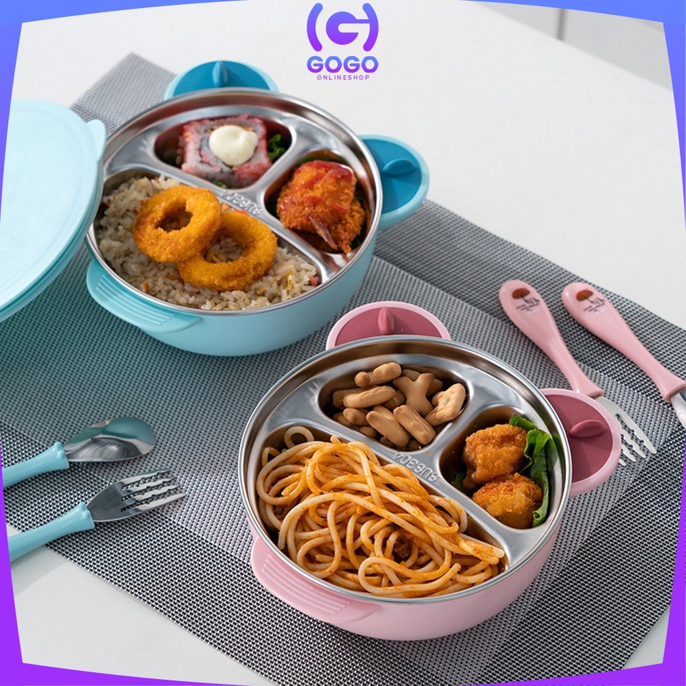 GOGO-C353 Tempat Makan Anak Karakter Bear Lucu Set / Lunch Box Anak / Kotak Bekal Anak Stainless / Tepak Makan Anak Karakter BPA FREE
