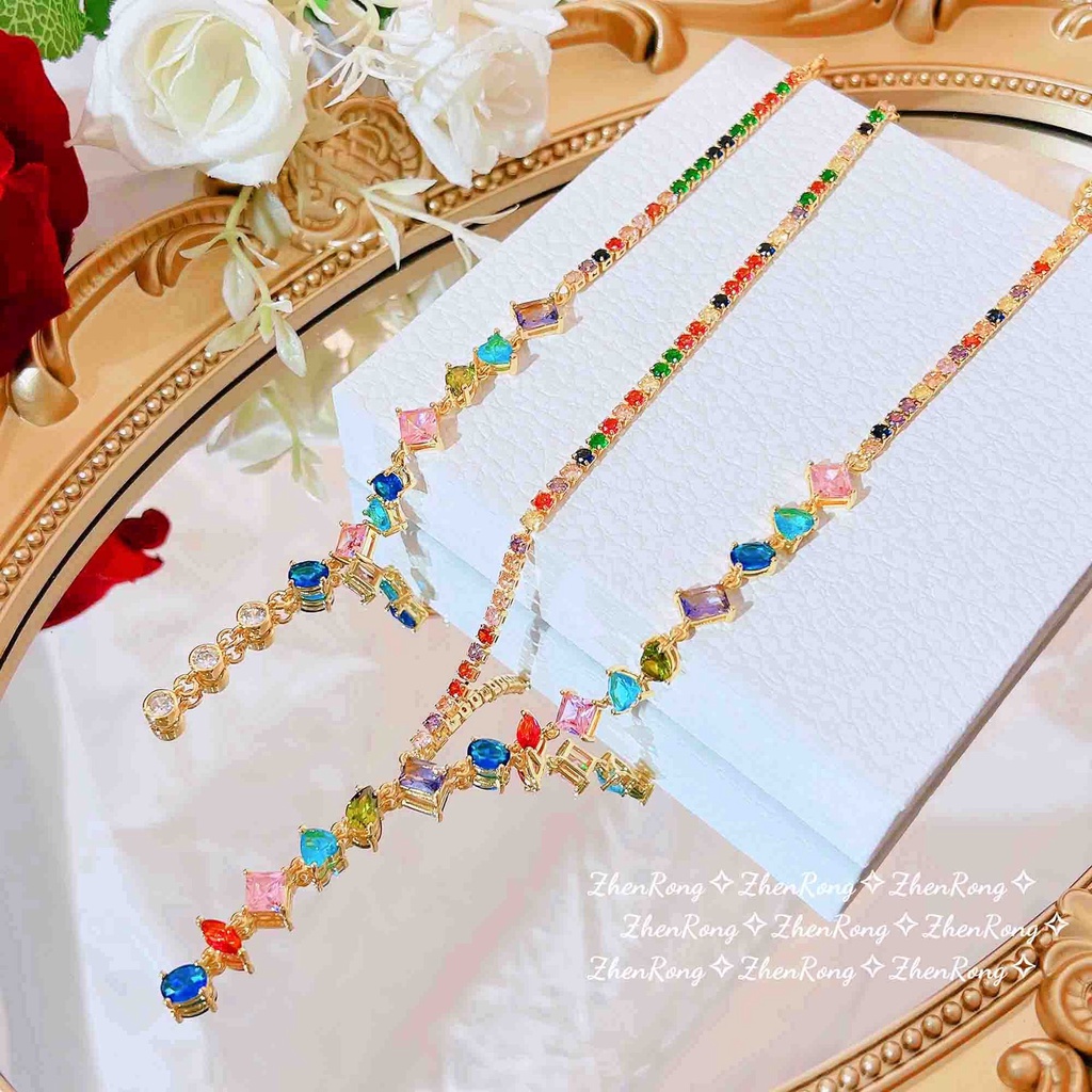 Goldkingdom Fashion Perhiasan Emas Asli Kadar 375 Bangkok Aksesoris Ready Stock Bintang Penuh Permata Kalung Perempuan Cahaya Mewah Choker Berbentuk Y Klavikula Rantai Permen Bor Jahitan Gelang