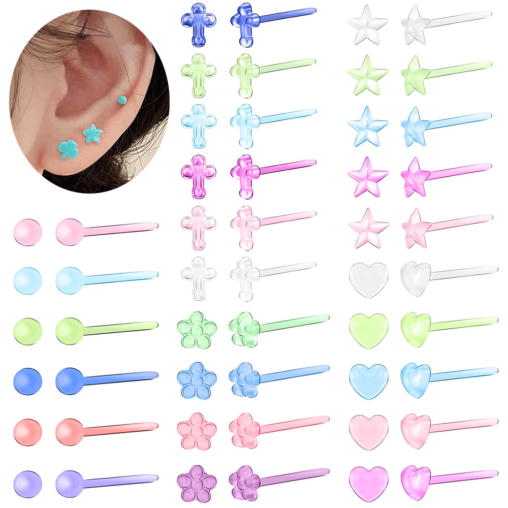 10-48pcs Anting Stud Bahan Plastik Transparan Anti Alergi