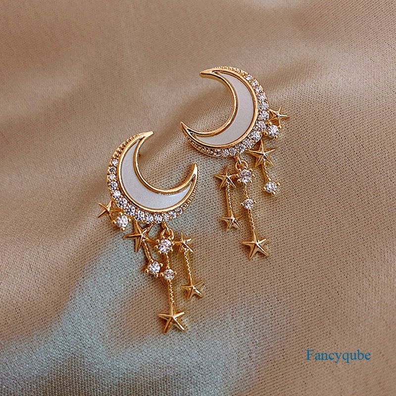 Fancyqube Anting Tusuk Gantung Wanita Desain Bulan Sabit, Ceri, Kucing Hias Mutiara, Berlian Imitasi