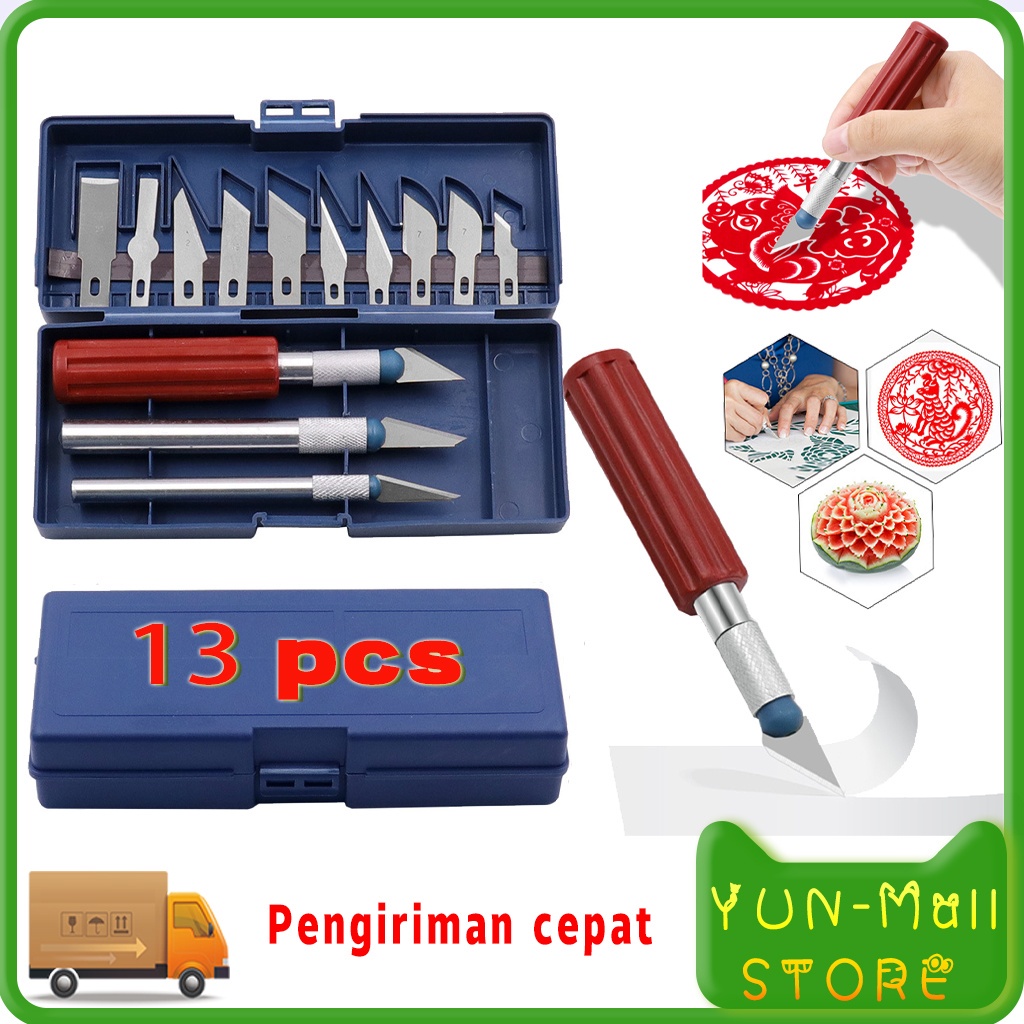 Set Pisau Ukir Seni13 in 1 Crafting Art Knife with 3 Handle/13 Set Alat Ukir Seni Handle Pisau  - Pisau Sayat Okulasi Bonsai Kelapa