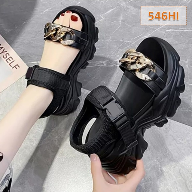 Sandal Tali Wanita Rantai Fahion Kasual Korea Sol Tebal 5 Cm Hitam Putih (546)