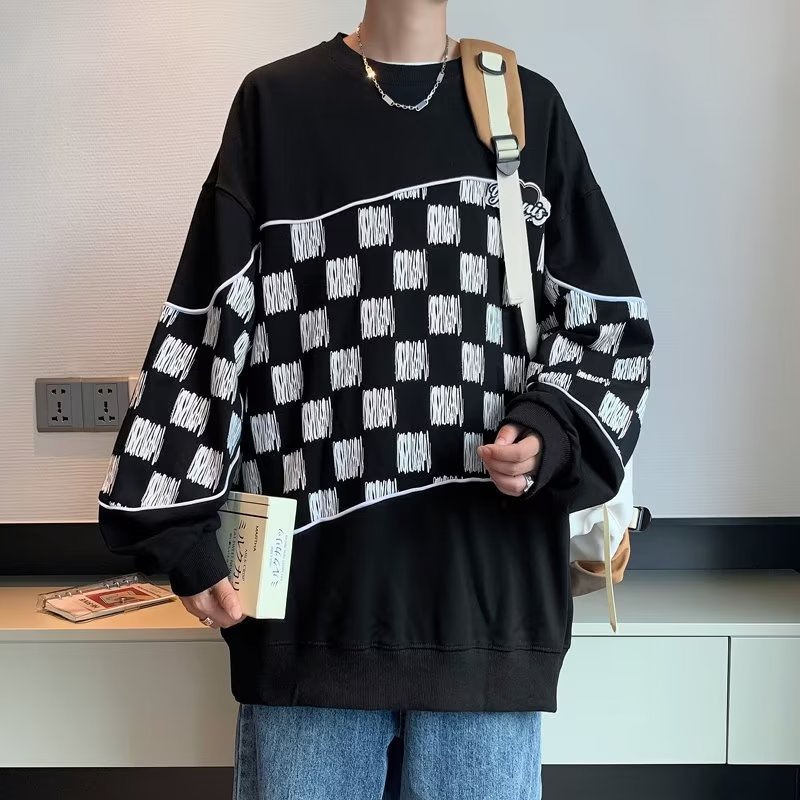 SWEATER PRIA BF LONGGAR ALL-MATCH LENGAN PANJANG PASANGAN PULLOVR TOP MUSIM GUGUR STREET TIDE MEREK JAHITAN KOTAK-KOTAK  SWEATER LEHER BULAT WANITA