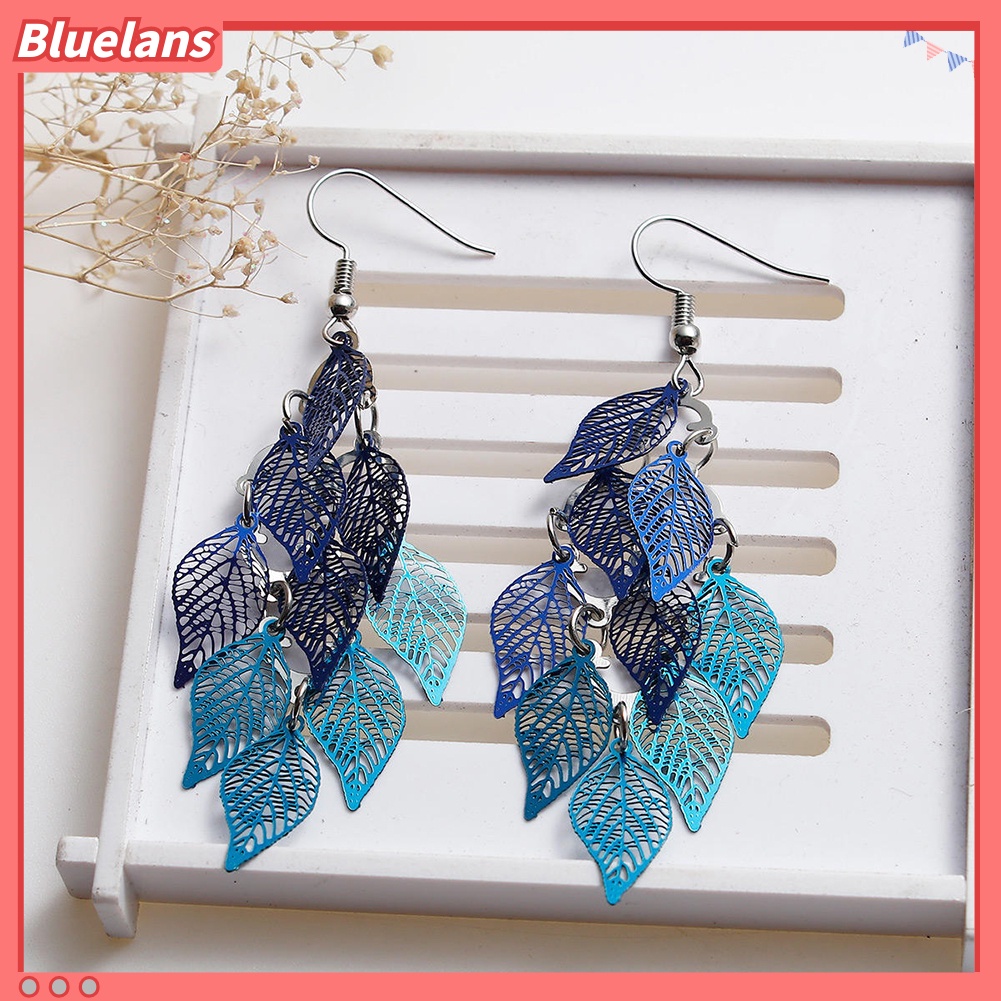 Bluelans Lady Colorful Multi Layers Hollow Leaf Elegant Hook Earrings Jewelry Decor