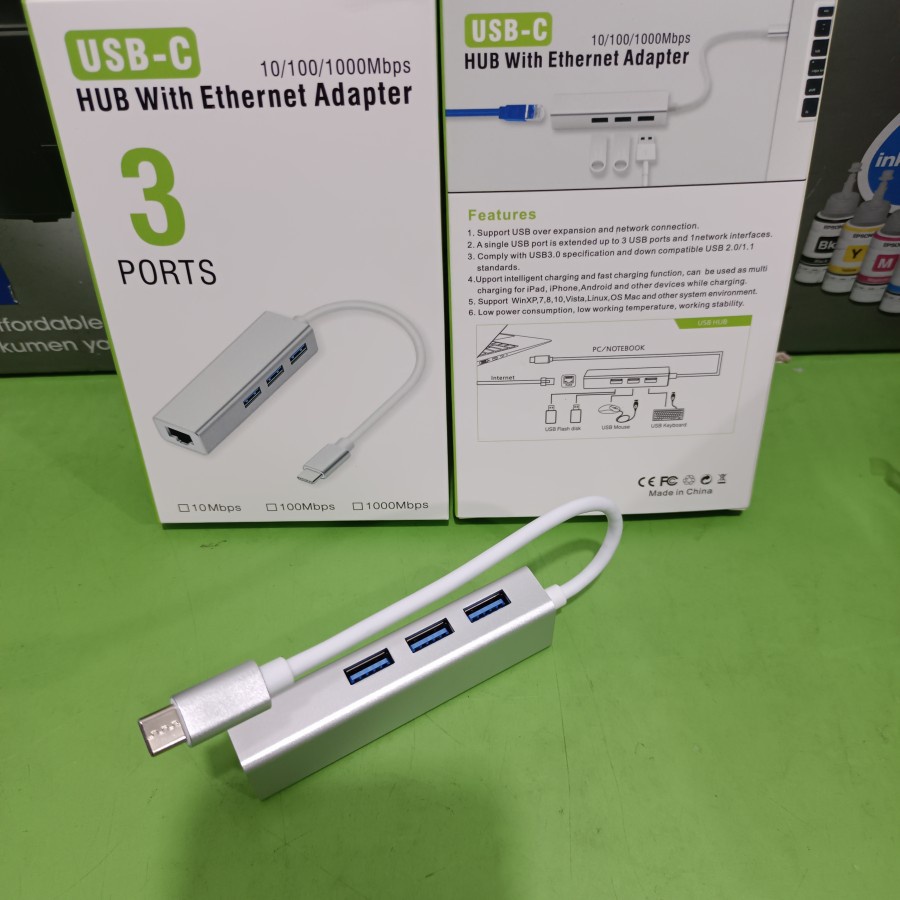 USB Type C to LAN with USB Hub 3Port USB 3.0 Adapter Multi Function