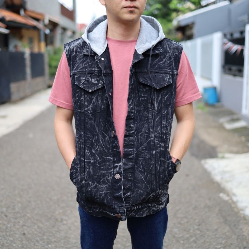 Jaket Rompi Jeans Pria / Rompi Jeans Hoodie / Rompi Denim Sandwash Cowo Murah